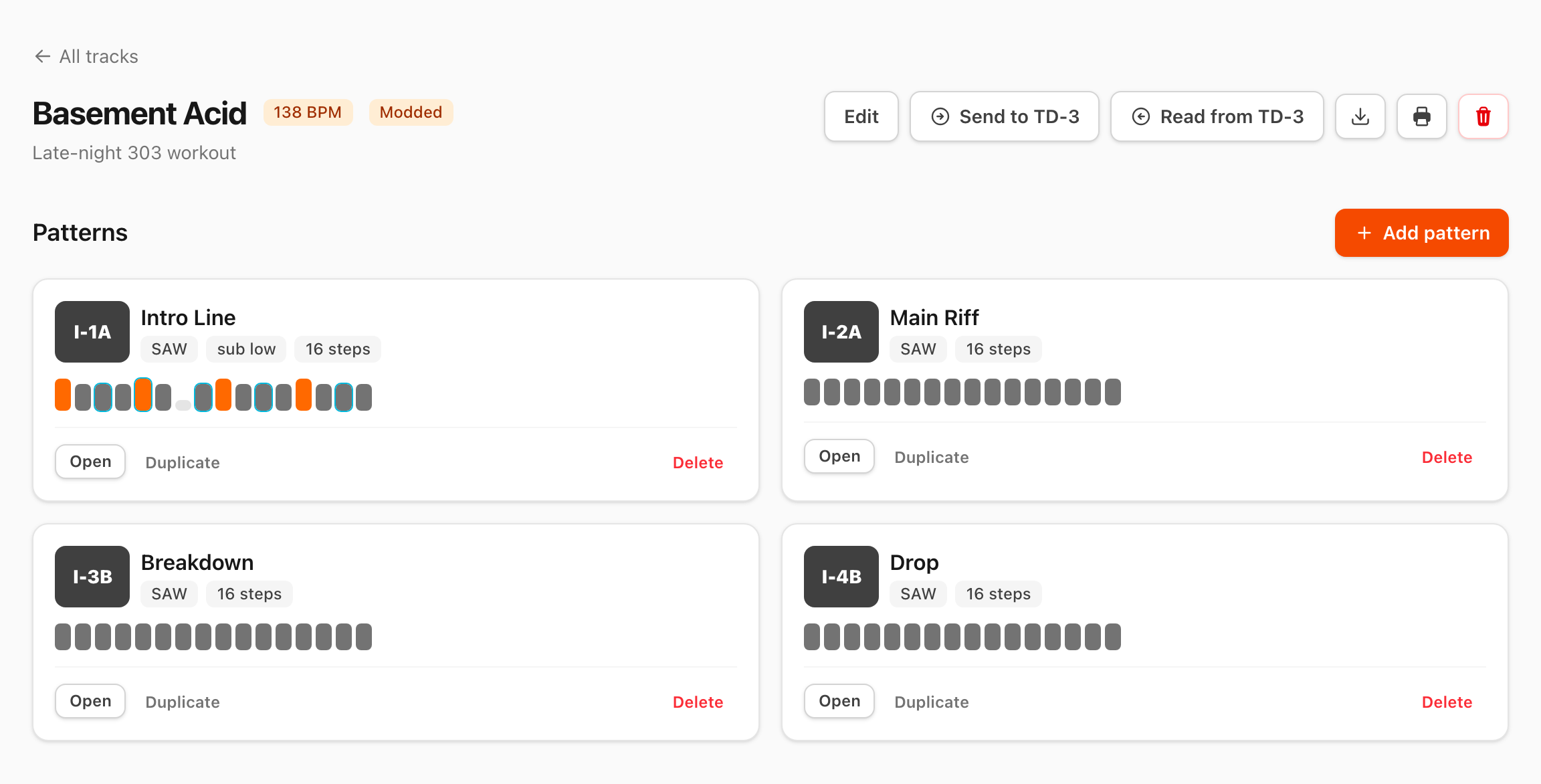A track page listing patterns with mini step previews